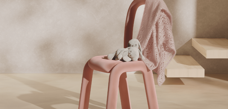 Deux lapins amigurumi assis sur une chaise dans un luxueux appartement d’une hygiène parfaite.