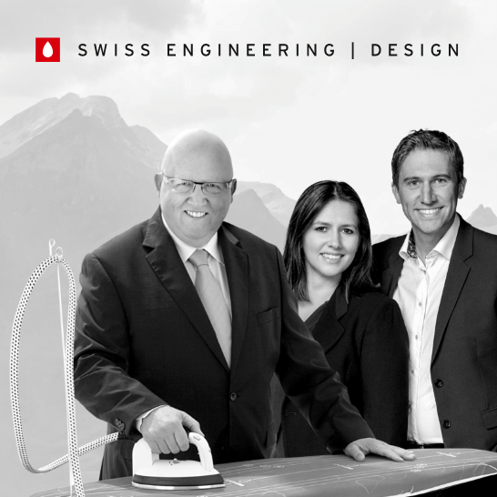 Logo Laurastar con design e ingegneria svizzera, un sistema di stiratura tutto-in-uno, la famiglia Monney e le montagne sullo sfondo.